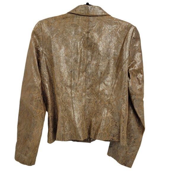 Vtg 90's Designer Vakko Blazer Leather Jacket Metallic Snake Print Mustard Sz 12 - Picture 3 of 10
